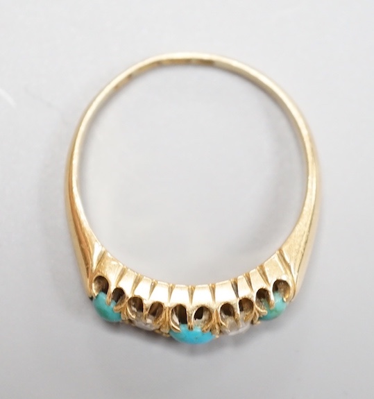 A late Victorian 18ct gold, three stone turquoise and two stone diamond set half hoop ring, size P, gross weight 3.8 grams.